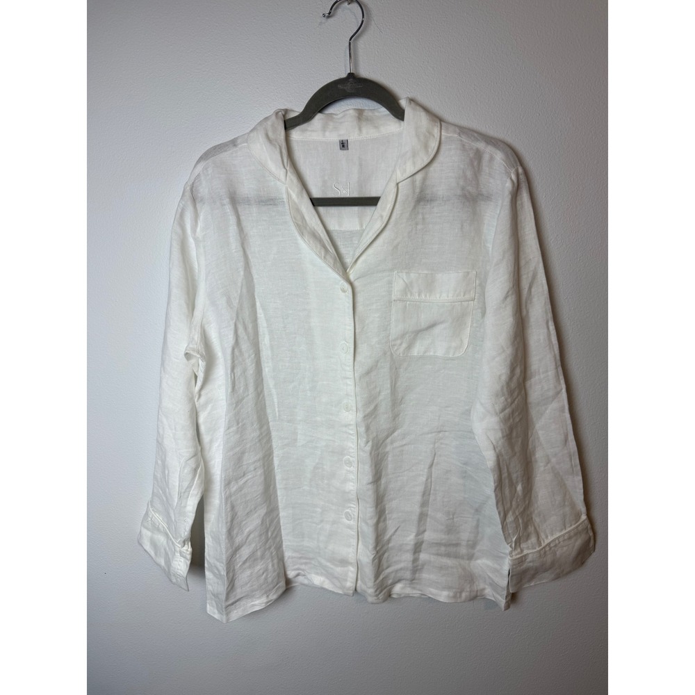 Serena & Lily White 100% Linen Pajama Top Long Sleeve Button Up Shirt‎ Medium